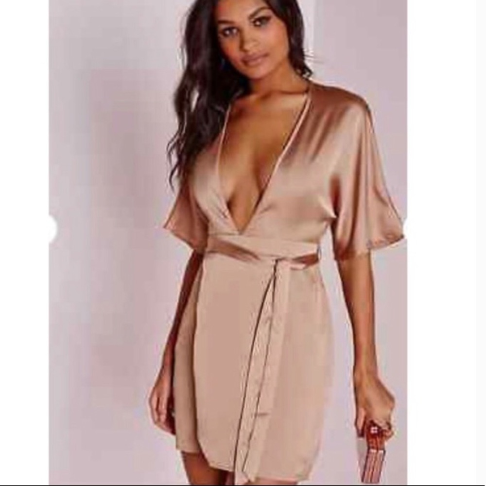 Missguided Silky Kimono Wrap Dress NWT Missing Belt Size 8 Nude